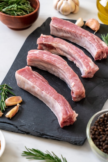 Fresh raw pork ribs with ingredients