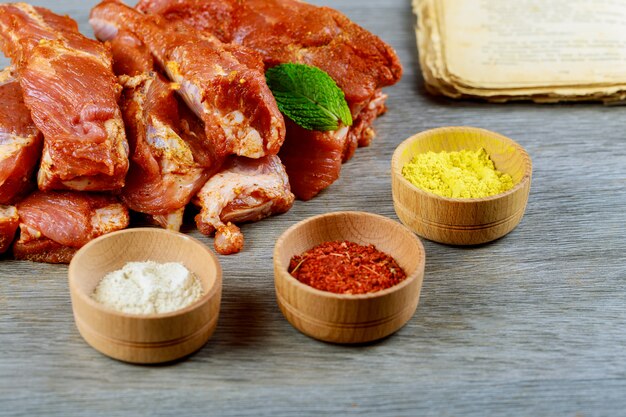 Fresh raw pork shoulder chop with spices Fresh pork ribs, meat marinated and prepared