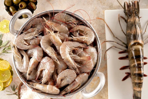 Fresh and raw prawns on the table