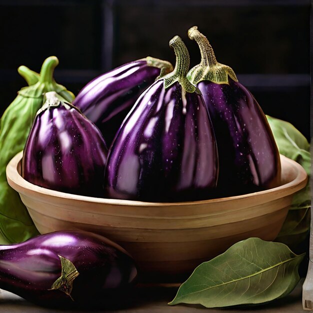 Fresh raw purple eggplant in a wicker basket ai Photo