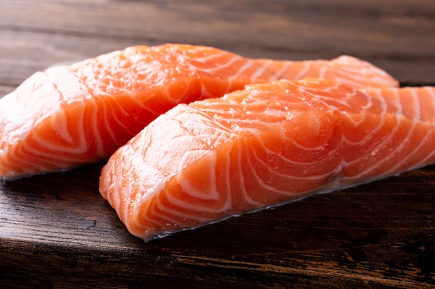 Fresh raw salmon fillet, flat lay