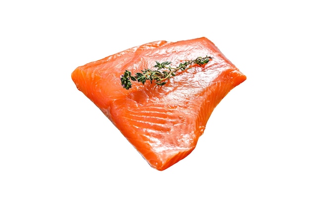 Fresh raw salmon fillet with thyme Isolated on white background