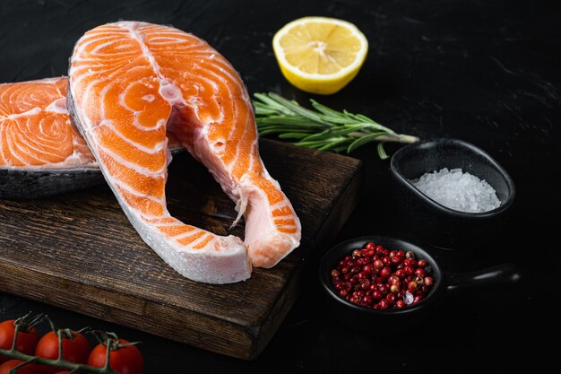 Fresh raw salmon fillet on a wooden table