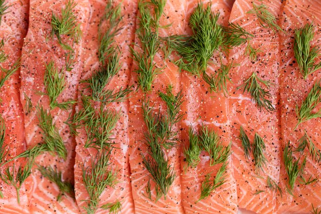 Fresh raw salmon fish fillet background with dill and pepper