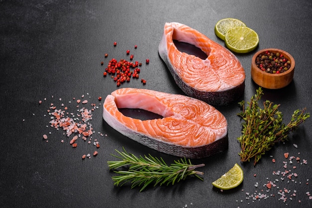 Fresh raw salmon steak with spices and herbs prepared for grilled baking. Healthy seafood food