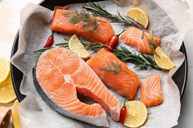 Fresh raw salmon in wok