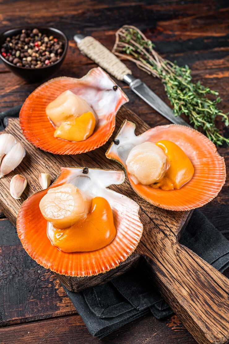 Photo fresh raw scallops in shells on a rustic wooden board with thyme. dark wooden background. top view.
