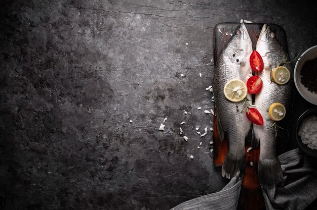 Fresh raw sea bass fish on wooden cutting board, cooking concept.