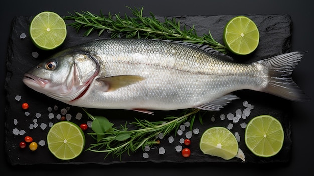 Photo fresh raw sea bass labrax fish with herbs and lime