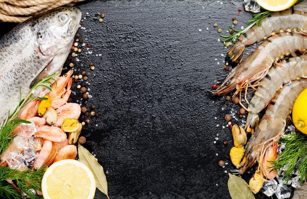 Fresh raw sea food with spices