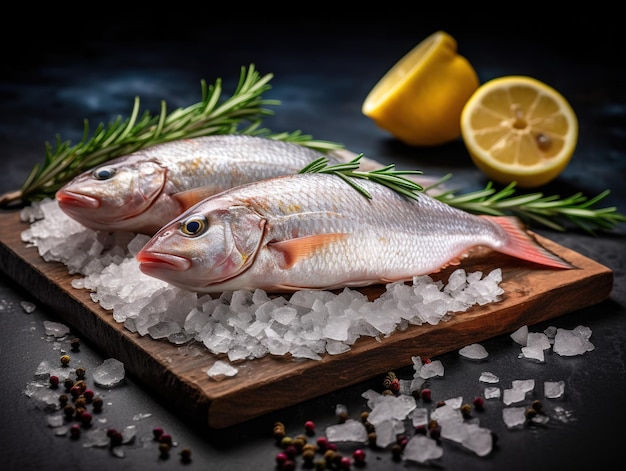 Fresh raw seabass fish with lemon rosemary and spices on wooden cutting board