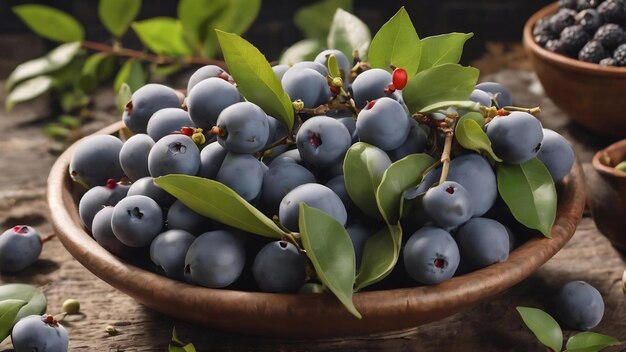 Photo fresh raw silverberry fruits in bowl with bunch of silverberry tree oleaster or russian olive ela