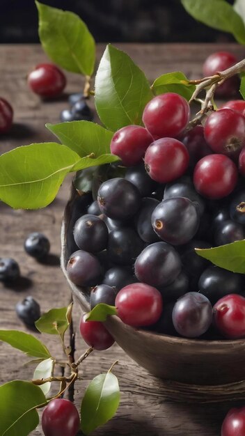 Фото Свежие сырые фрукты серебряных ягод в миске с букетом серебряных деревьев олеастра или русской оливковой элы