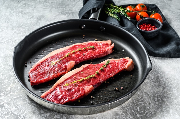 Fresh raw sirloin steak on a grill pan