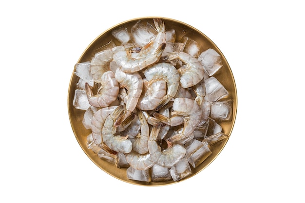 Fresh Raw tiger white shrimp prawn peeled with tail on ice Isolated on white background