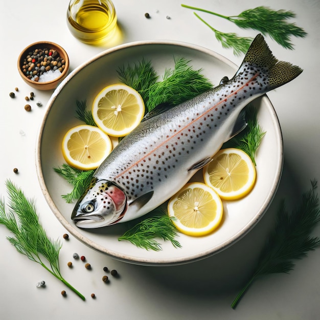 Foto pesce di trota fresco su un taglio ripieno di erbe e fette di limone
