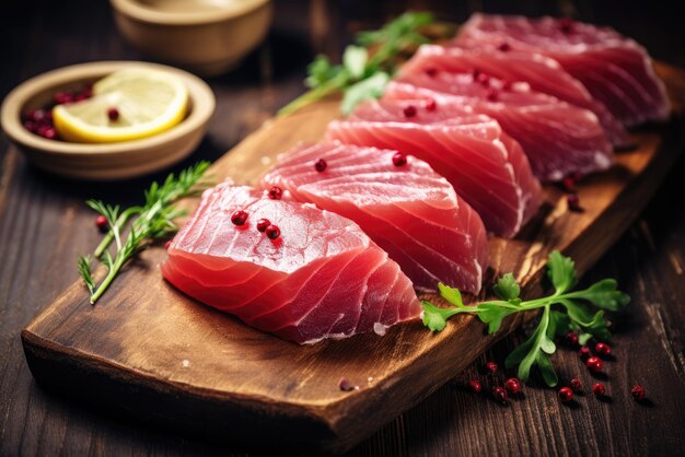 Fresh raw Tuna fillet steak and sashimi on wooden board background delicious food