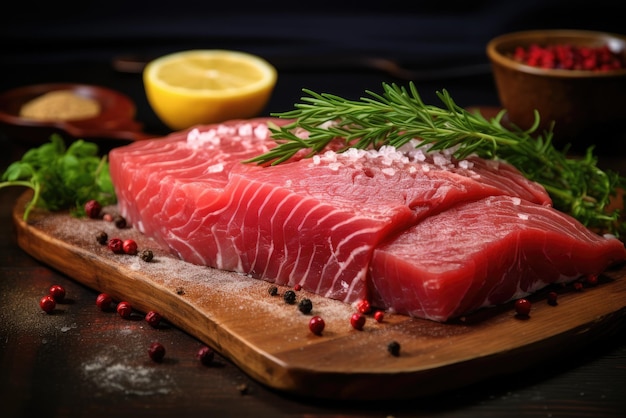 Fresh raw Tuna fillet steak and sashimi on wooden board background delicious food