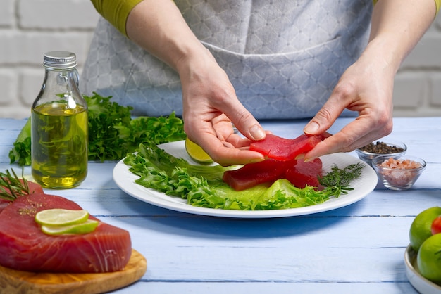 Fresh raw tuna fish was cut into pieces cooking tuna fish