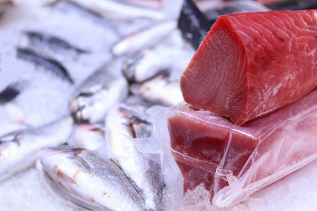 Fresh raw tuna on ice, raw tuna steak