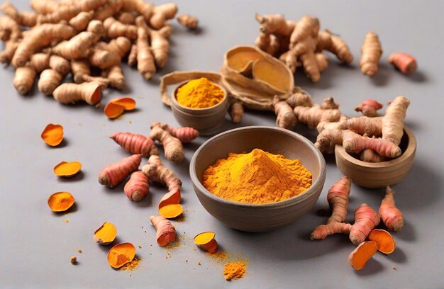 Photo fresh raw turmeric and turmeric powder on white background