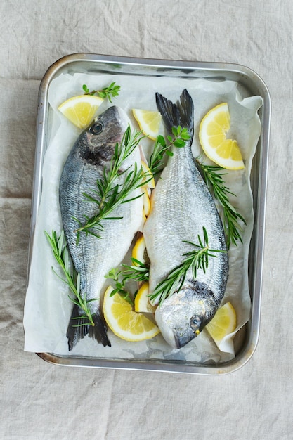 Fresh, raw uncooked sea dorado, dorada fish with lemon, rosemary, oregano, herbs, olive oil on the kitchen table. Top view, flat lay background