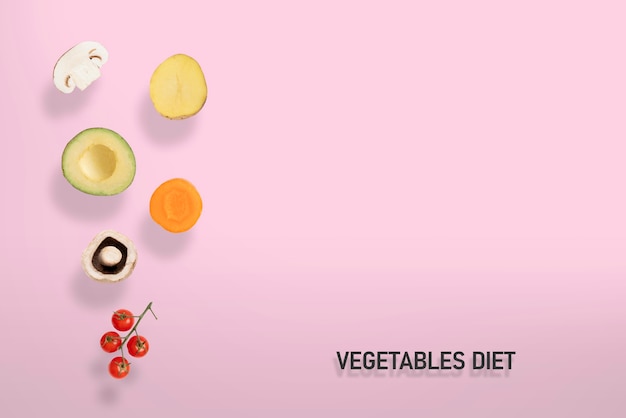 A fresh raw vegetable levitate and fly in the air, mushroom, potato, avocado, carrot, tomato