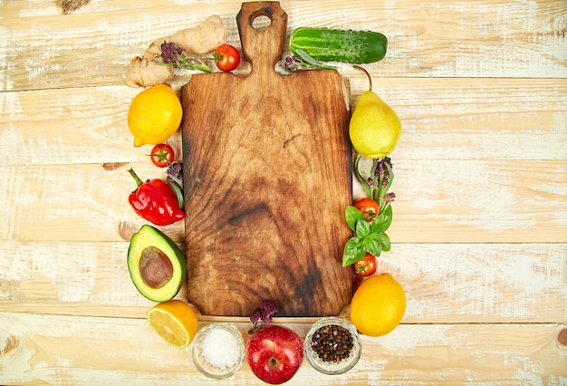 fresh raw vegetables, fruit and  ingredients for healthy cooking