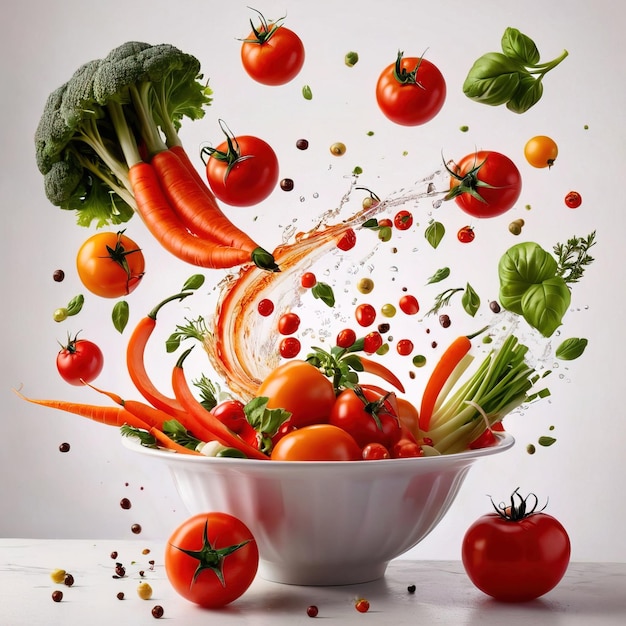 Fresh raw vegetables and fruits dynamic bursting flying creative layout with objects swirling