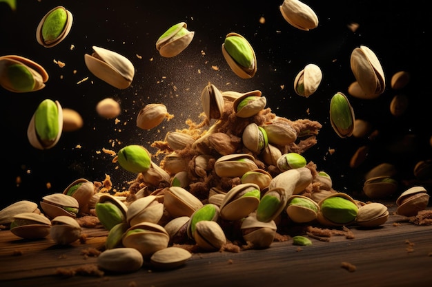 Fresh raw whole and cracked pistachios flying in the air Generative ai