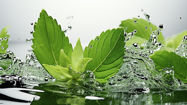 Fresh realistic green leaves of peppermint with water splashing isolated on transparent background