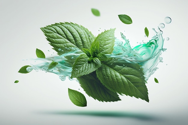 Foto foglie verdi realistiche fresche di menta piperita con spruzzi d'acqua isolati su sfondo bianco