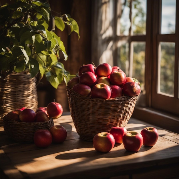 A fresh red apple in basket on table with window soft sunlight background