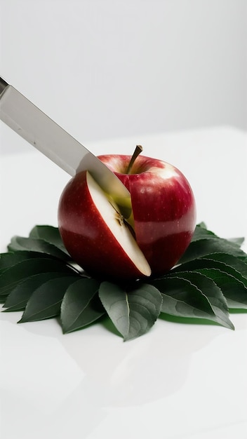 白い背景に分離された切断された緑の葉を持つ新鮮な赤いリンゴの果実