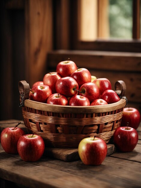 Fresh red apple fruit on wooden basket