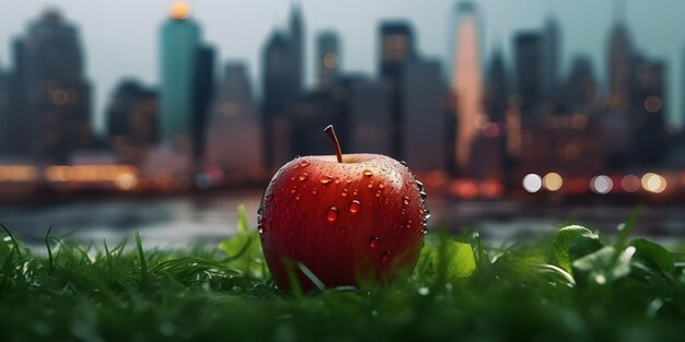 Fresh Red Apple on Green Grass Generative AI