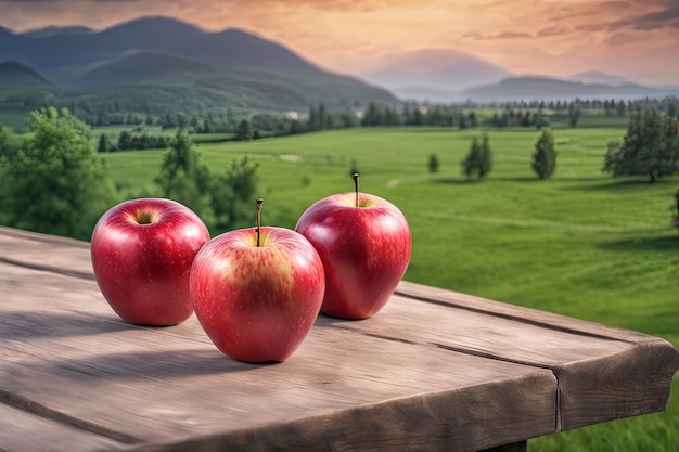 Fresh red apple on table outdoor with landscape background