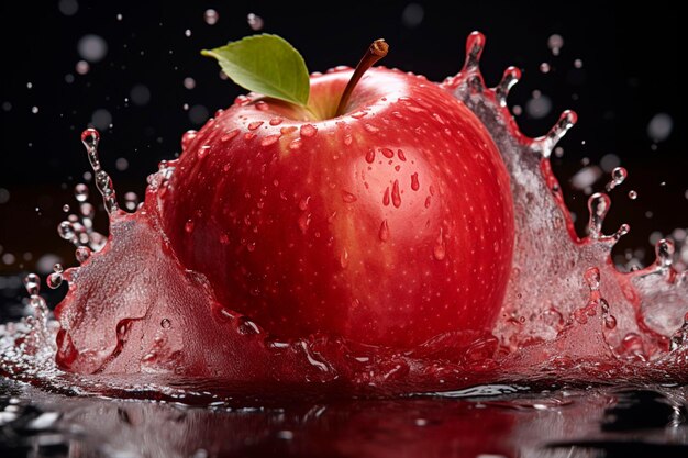 Fresh red apple and water splashing on a green background