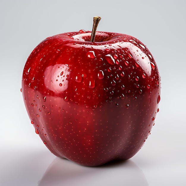 Fresh red apple with water drops on white background