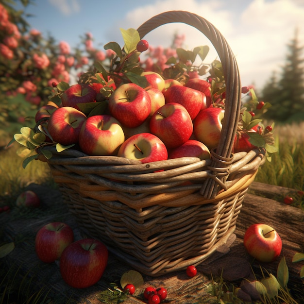 Fresh Red Apple with Wicker basket