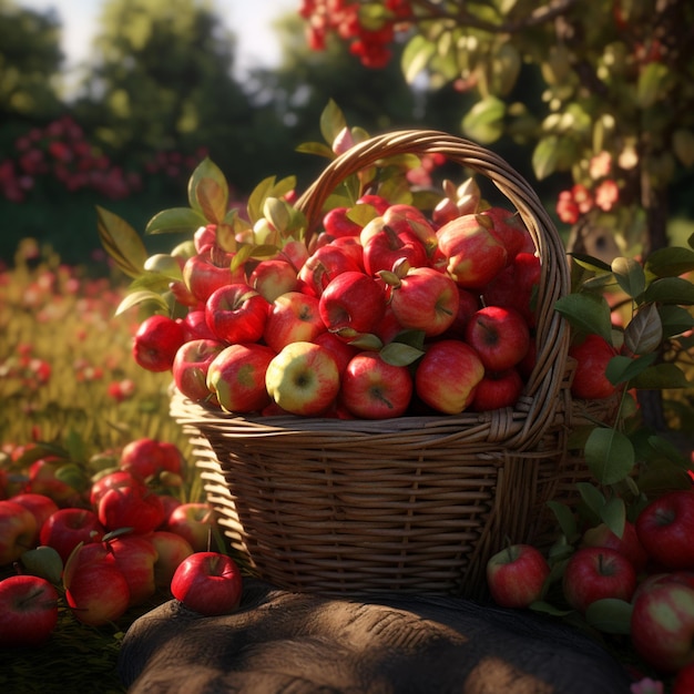 Fresh Red Apple with Wicker basket