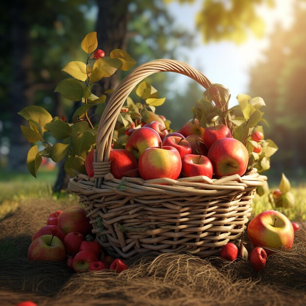 Fresh Red Apple with Wicker basket