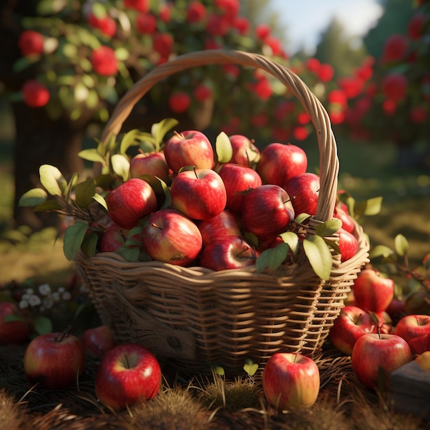 Fresh Red Apple with Wicker basket