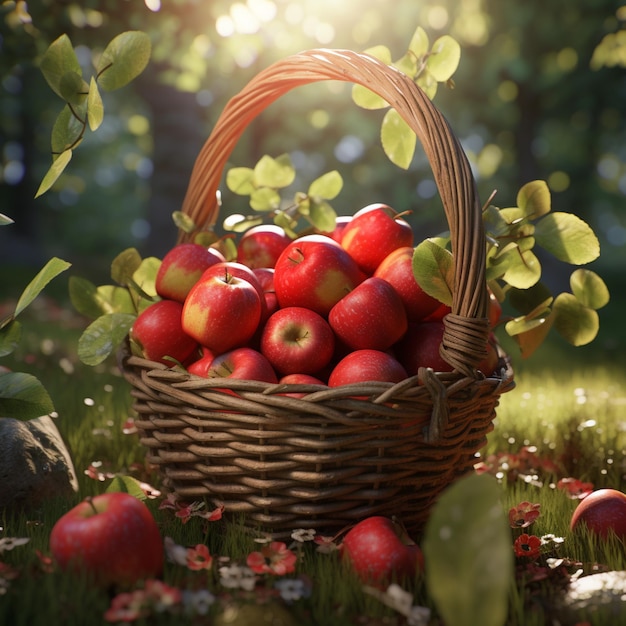 Fresh Red Apple with Wicker basket