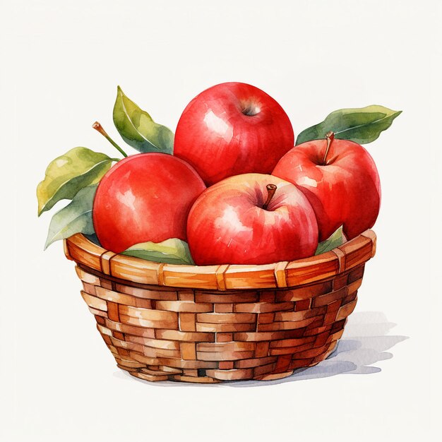 fresh red apples on a bamboo basket watercolor generative AI