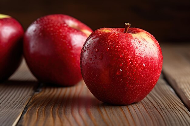 Fresh red apples on brown wooden background