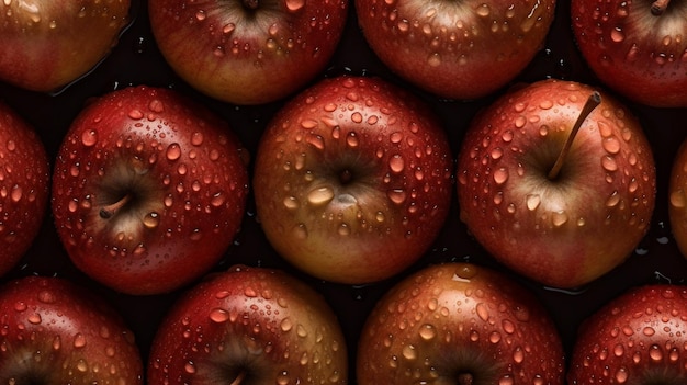 Fresh red apples Fruits with drops Upper view Image generated by Ai