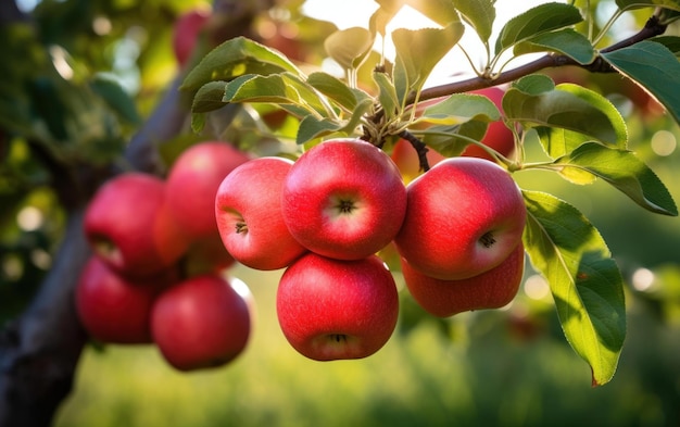 Свежие красные яблоки, висящие на деревьях яблочного сада