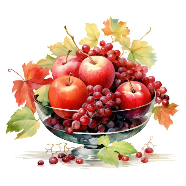 Fresh red apples and ripe grapes in a glass vase