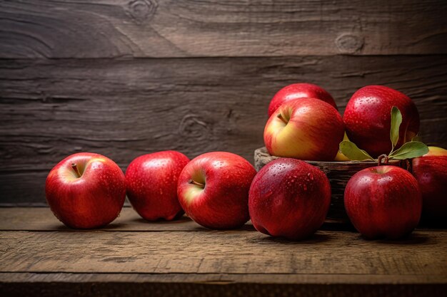 Fresh red apples with green leaves on brown wooden background